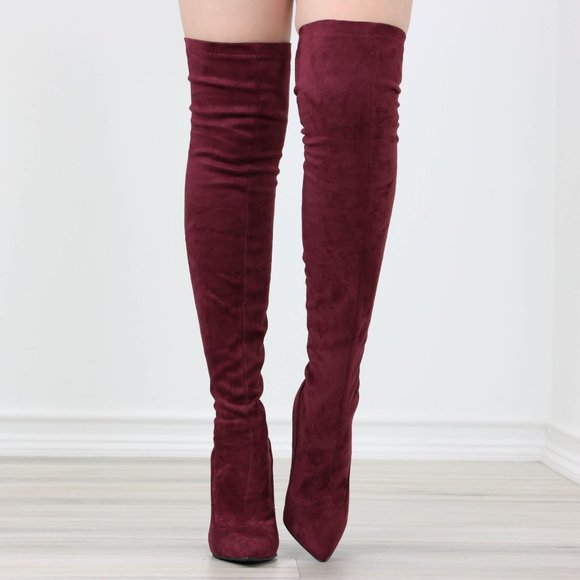 Wine Women's Thigh High Boots Faux Suede Pointed Toe Stilettos - Picture 3 of 15